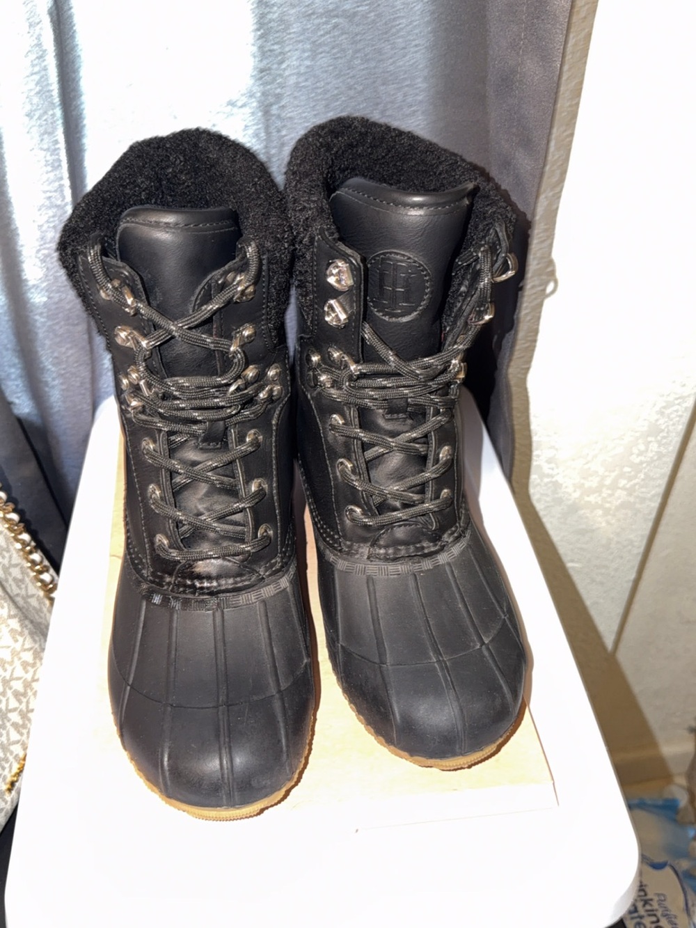 Tommy Hilfiger Black Winter Duck Boots with Faux Fur Collar